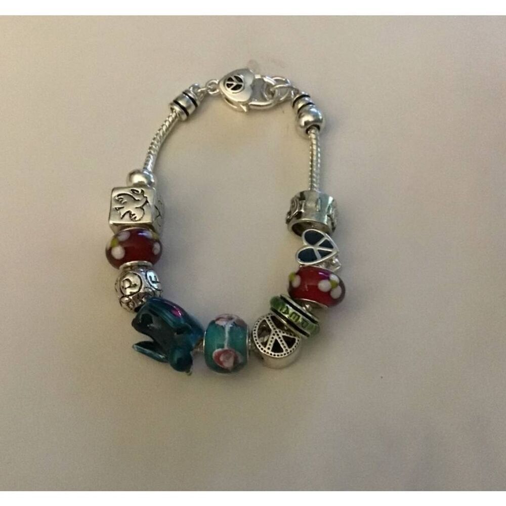 Silver Blue Bead Peace Theme Murano Glass Charm Bracelet